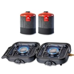 Réchaud gaz pliable 2 feux 4.6 kW bruleurs inox allumage piezo carto