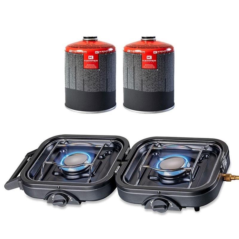 Réchaud gaz pliable 2 feux 4.6 kW bruleurs inox allumage piezo carto