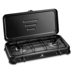 Réchaud gaz portable 2 feux 2600W Noir Brûleurs Inox Couvercle amovi