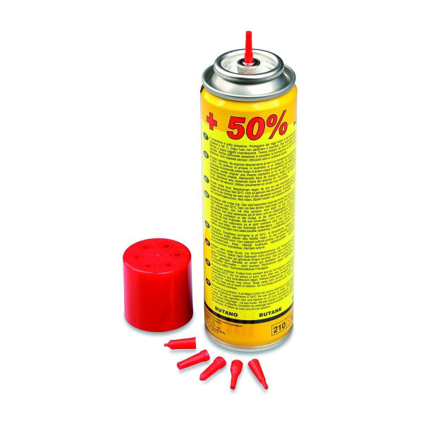 Recharge gaz butane 135g REF 10051 pour chalumeau cuisine et briquets livrée avec 6 adaptateurs