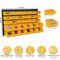 Wall-Mounted Tool Panel 30 Removable Bins Durable Polypropylene