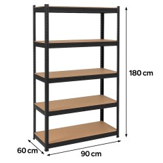 Schwarzes Metallregal 5 Böden 1500kg 90x60x180cm INTEC