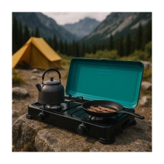 Réchaud à gaz 2 feux 3200W avec brûleurs en fonte amovibles, grille en fonte, dimensions 50x34,5x10 cm INTEC