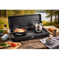 Fornello a gas portatile 2 fuochi 2600W Nero Bruciatori Inox