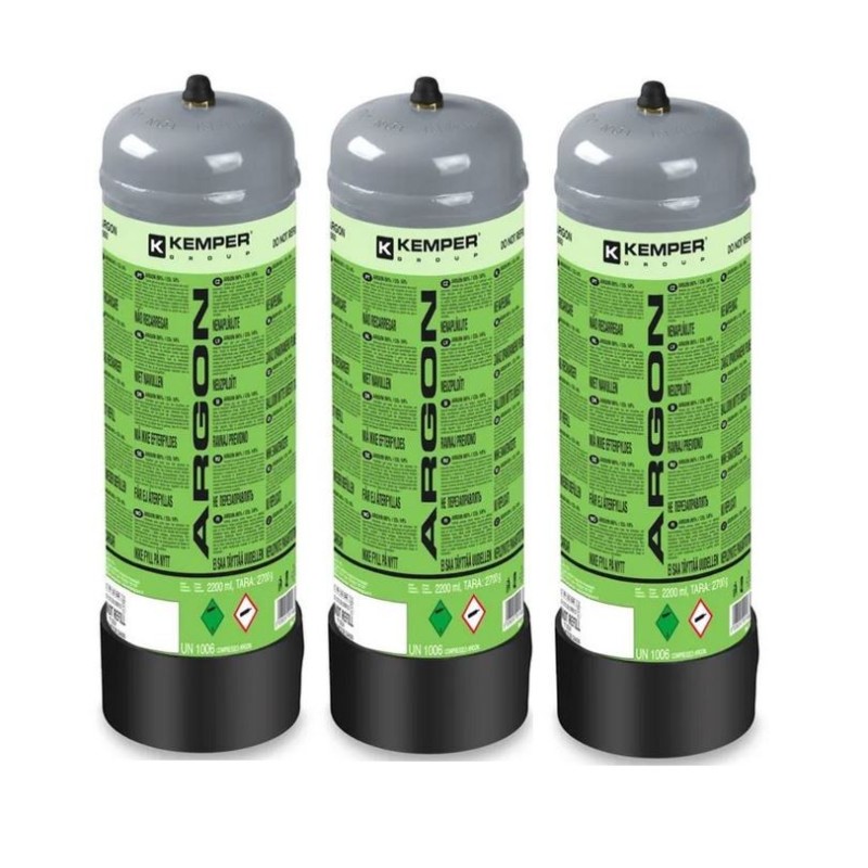 Pack of 3 Argon + CO2 Gas Bottles 110 Bar 2.2L Connection