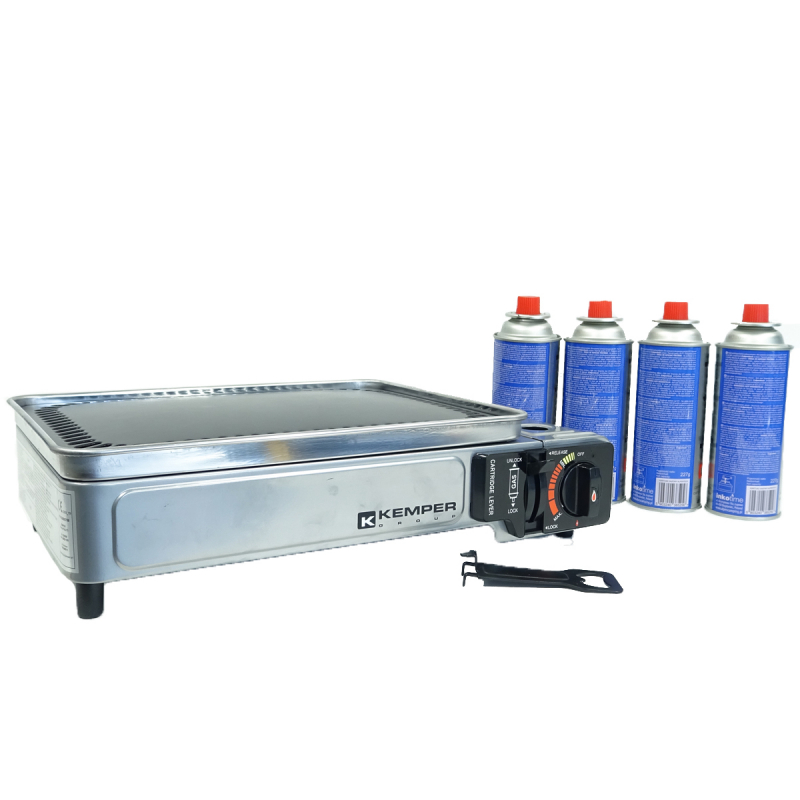 Plancha gaz portable 2300W Kemper plaque anti adhésive + 4 cartouches