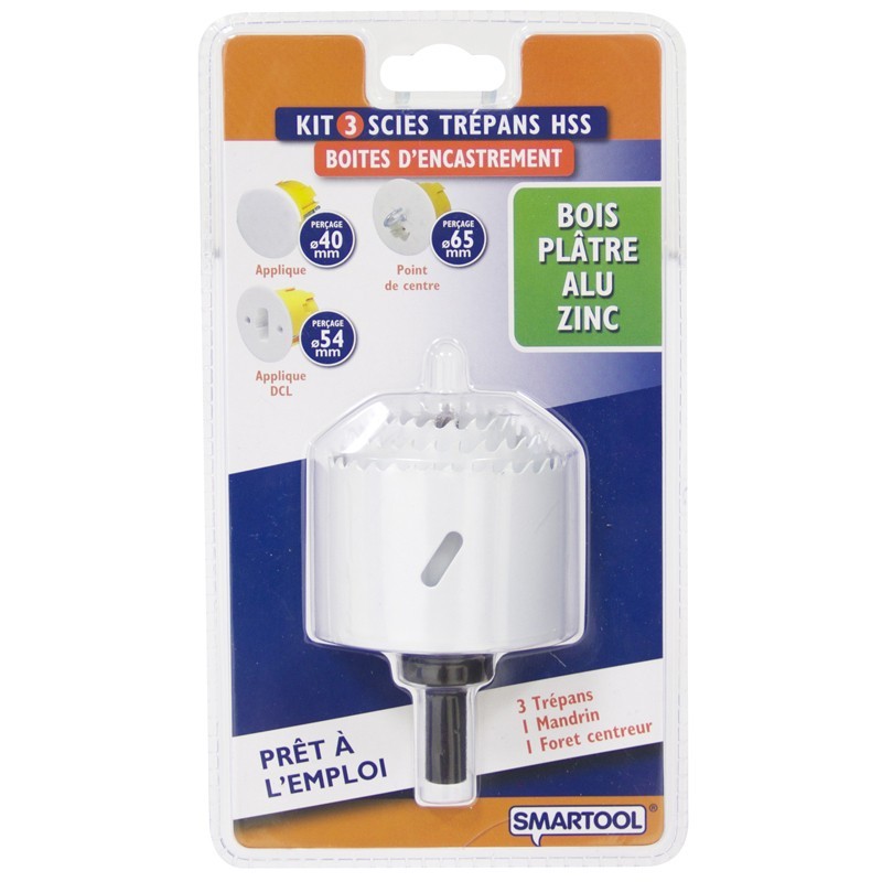 Kit 3 scies cloche HSS Ø40-54-65mm Bi-métal Perçage bois plâtre alu