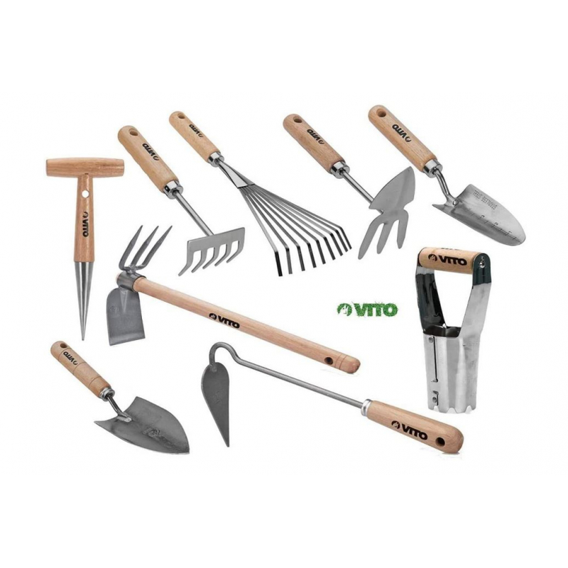 Kit 9 outils de jardin Manche bois VITO Inox et Fer forgés à la main haute  qualité Outils de jardin