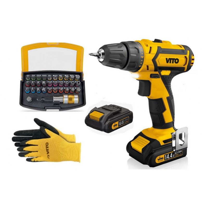 Perceuse Visseuse 14.4V + 2 batteries Lithium 2Ah VITO + Coffret 32 Embouts  + Gants + Chargeur et Mallette VITOPropower