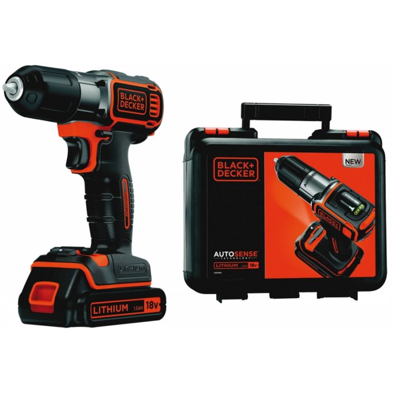 Perceuse Visseuse sans fil 18V + Batterie Lithium 1,5 Ah Black + Decker  Autosense Chargeur Coffret