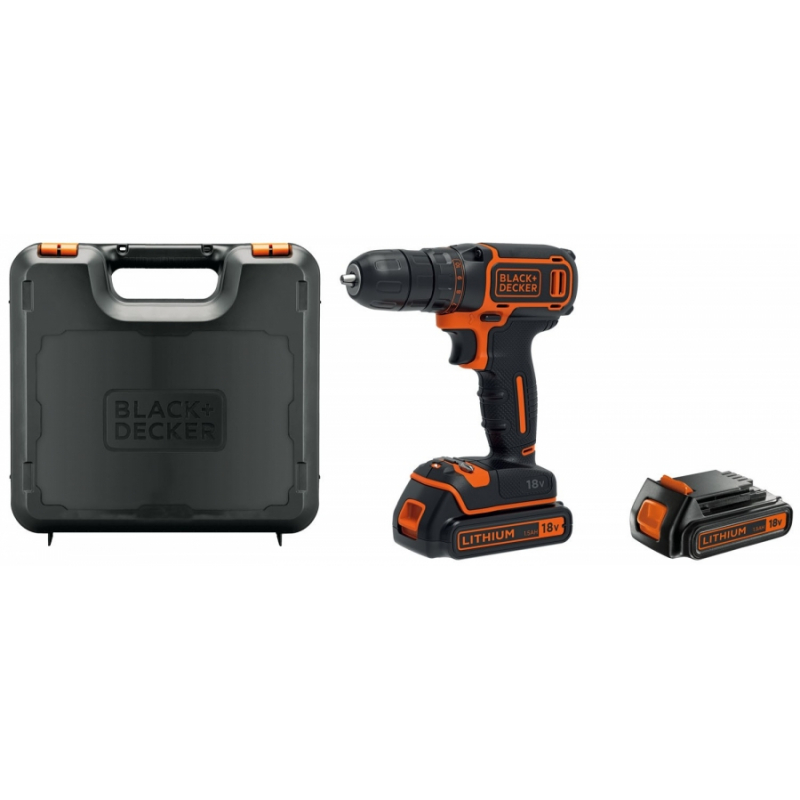 Perceuse Visseuse sans fil 18V + 2 Batteries Lithium 1,5Ah Black + Decker  Chargeur Mallette