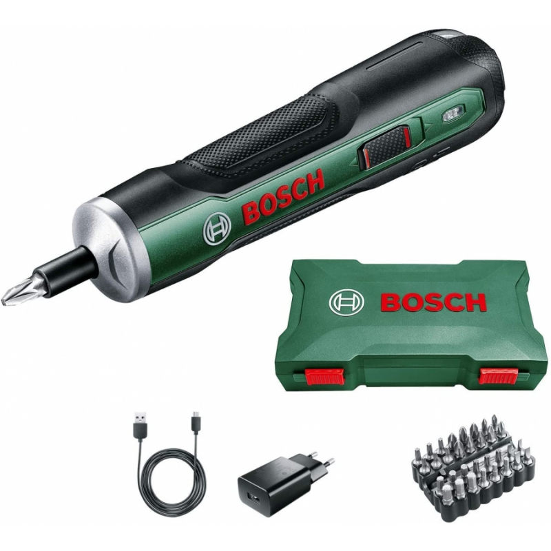 Tournevis sans fil 3,6V Push Drive Bosch Batterie lithium 1,5Ah + 32 embouts  de vissage Boîte de rangement.