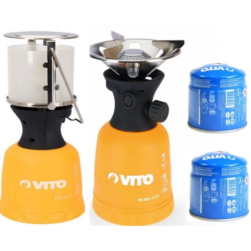 Kit Lampe à gaz + Réchaud à gaz VITO Coque ABS + 2 Cartouches gaz 190gr  Camping et maison Fonctionne avec cartouche de gaz