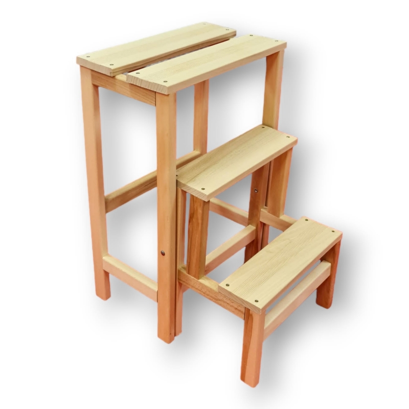 Escabeau Tabouret modulable 3 marches Bois massif 2en1 Marchepied bois