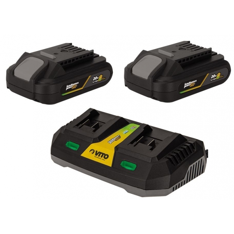 Pack 2 Batteries Lithium 20V 2Ah + Chargeur double Gamme sans fil VITO