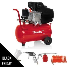 Compresseur d'air 24L 8 bar 2CV 115 PSI Silencieux 1.5KW + Kit 5 accessoires air comprimé ITOOLS
