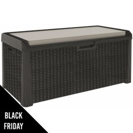 Coffre de jardin 560L Effet rotin avec Coussin Santorini TOOMAX L147xP72xH65 cm résine Résiste au gel, intempéries et UV