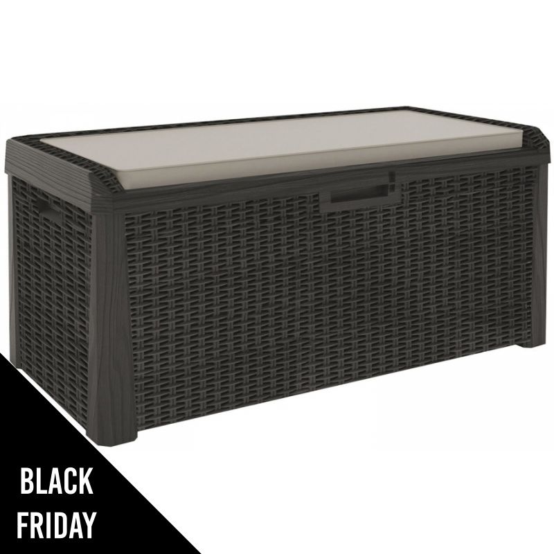 Coffre de jardin 560L Effet rotin avec Coussin Santorini TOOMAX L147xP72xH65 cm résine Résiste au gel, intempéries et UV