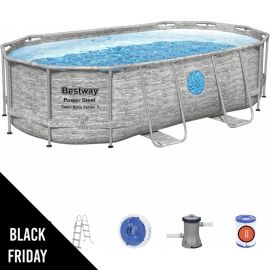 Piscine hors sol à Hublot 4.27x25 x10m Gris Effet Pierre- Piscine tubulaire ovale + Echelle, Pompe + Bâche 4 saisons Bestway