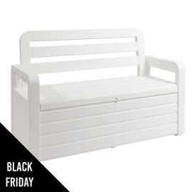 Coffre de Jardin 270L Blanc Effet bois TOOMAX 132 x 58 x H89 cm Resine Inaltérable Anti UV Haute résistance gel et intempéries