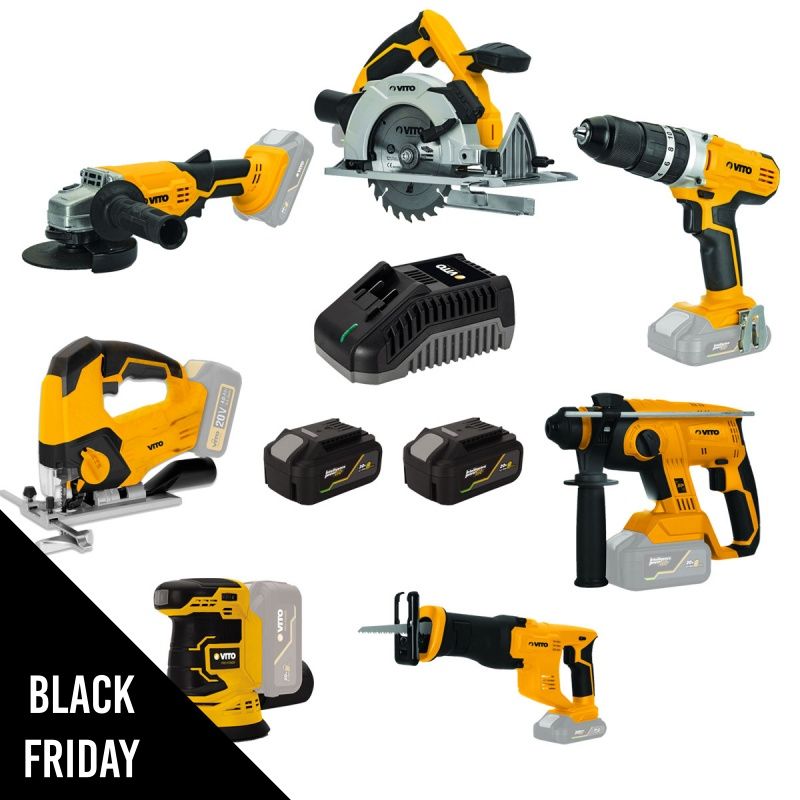 PACK 7 Outils 20V + 2 Batteries Lithium 4.0Ah + Chargeur rapide 20V VITO