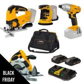 Pack 4 outils 20V + 2 batteries lithium 2.0Ah + Chargeur double + Sac VITO