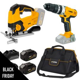 Pack 2 outils sans fil 20V Scie sauteuse Perceuse/visseuse 3 batteries lithium 4AhVITO Chargeur Rapide + Sacoche à outils