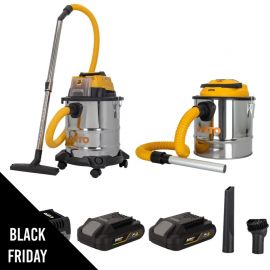 Pack 2 Aspirateurs à batterie 20V Eau Poussières Cendres + 2 Batterie lithium 2.0Ah + Chargeur Cuves INOX 20L et 12L VITO