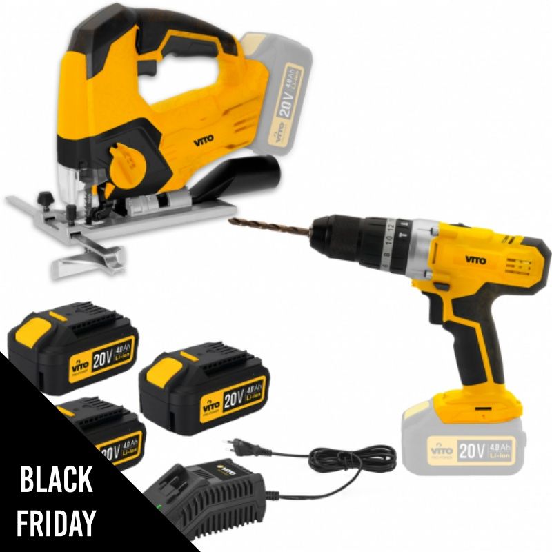 Pack 2 Outils sans fil 20V Scie sauteuse + Perceuse Visseuse + 3 Batteries 4.0 Ah + Chargeur rapide VITO