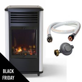 Chauffage à gaz 3.4 KW Manhattan Blanc et Noir mobile Effet feu + Tuyau gaz + Détendeur butane Sahara