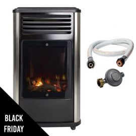 Poêle à gaz 3.4 kW Manhattan Noir Effet poêle à bois + Tuyau gaz + Détendeur butane Universal