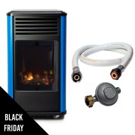 Chauffage à gaz 3,4KW Manhattan Bleu Effet feu + Tuyau gaz + Détendeur Sahara
