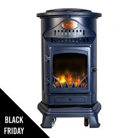 Poêle à gaz 3,4KW Bleu Marine Fonte Véritable Provence – Chauffage d’appoint Design - Effet feu de bois, sur roulettes Sahara