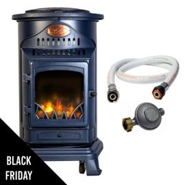 Poele à gaz 3,4KW Bleu Marine Effet poêle à bois Fonte véritable + Tuyau gaz + détendeur butane Provence Sahara