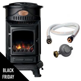 Poêle à gaz - 3,4 kW - Noir - Fonte véritable - Effet poêle à bois + Tuyau gaz + Détendeur butane - PROVENCE UNIVERSAL