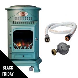 Poêle à gaz - 3,4 kW - Vert - Fonte véritable - Effet poêle à bois + Tuyau gaz + Détendeur butane - PROVENCE UNIVERSAL