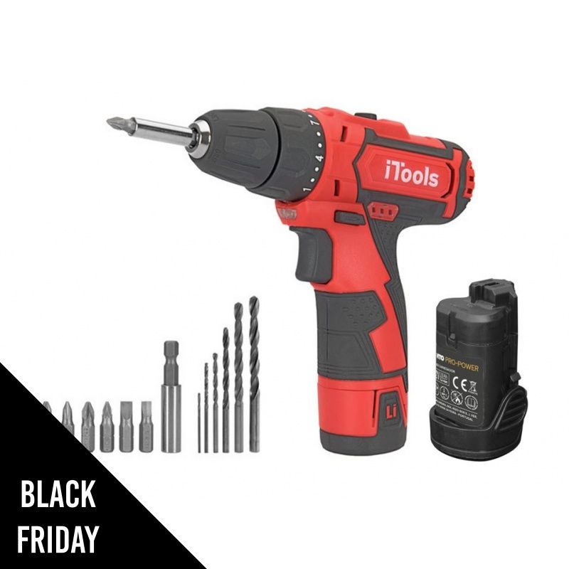 Perceuse Visseuse 12V Batterie Lithium-ion 1.5Ah LED + Coffret 6 embouts de vissage + 6 forets + adaptateur Malette ITOOLS