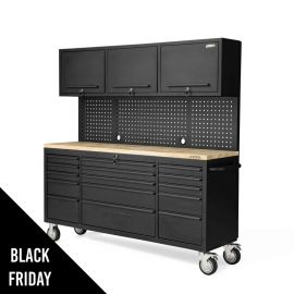 Établi d'atelier sur roues - Armoire de garage mobile 182 x 51 x 186 cm - 15 tiroirs à frein 3 portes Plan de travail bois VITO