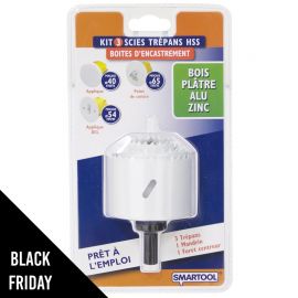 Kit 3 scies cloche HSS Ø40-54-65mm Boite encastrement Bois Platre Alu Zinc SMARTOOL