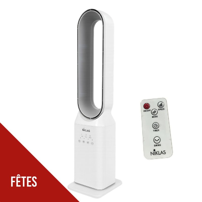 Ventilateur sans pales à Télécommande 50W - 3 Vitesses avec Minuterie 7h Design Blanc NIKLAS