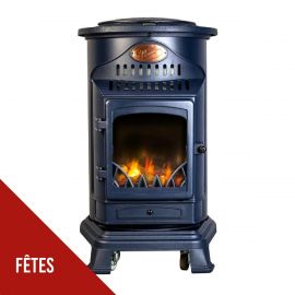 Poêle à gaz 3,4KW Bleu Marine Fonte Véritable Provence – Chauffage d’appoint Design - Effet feu de bois, sur roulettes Sahara