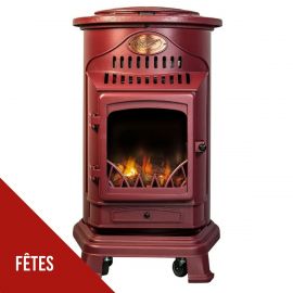 Poêle à gaz - 3.4KW - Rouge - Fonte véritable - Effet feu - PROVENCE UNIVERSAL