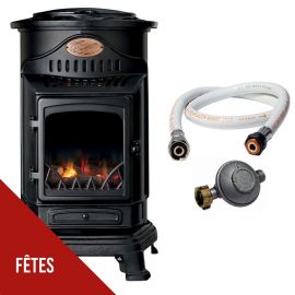 Poêle à gaz - 3,4 kW - Noir - Fonte véritable - Effet poêle à bois + Tuyau gaz + Détendeur butane - PROVENCE UNIVERSAL