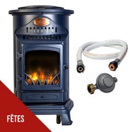 Poele à gaz 3,4KW Bleu Marine Effet poêle à bois Fonte véritable + Tuyau gaz + détendeur butane Provence Sahara