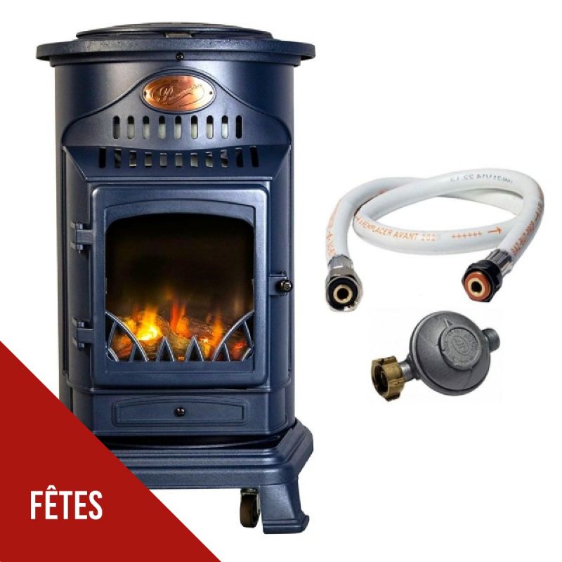 Poele à gaz 3,4KW Bleu Marine Effet poêle à bois Fonte véritable + Tuyau gaz + détendeur butane Provence Sahara