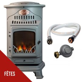 Poêle à gaz - 3,4 kW - Gris - Fonte véritable - Effet poêle à bois + Tuyau gaz + Détendeur butane - PROVENCE UNIVERSAL