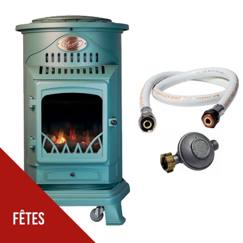 Poêle à gaz - 3,4 kW - Vert - Fonte véritable - Effet poêle à bois + Tuyau gaz + Détendeur butane - PROVENCE UNIVERSAL