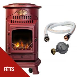 Poêle à gaz - 3,4 kW - Rouge mat - Fonte véritable - Effet poêle à bois + Tuyau gaz + Détendeur butane - PROVENCE UNIVERSAL