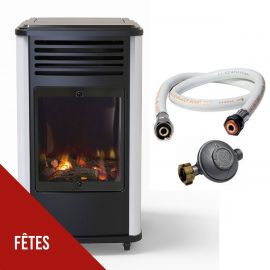 Chauffage à gaz 3.4 KW Manhattan Blanc et Noir mobile Effet feu + Tuyau gaz + Détendeur butane Sahara