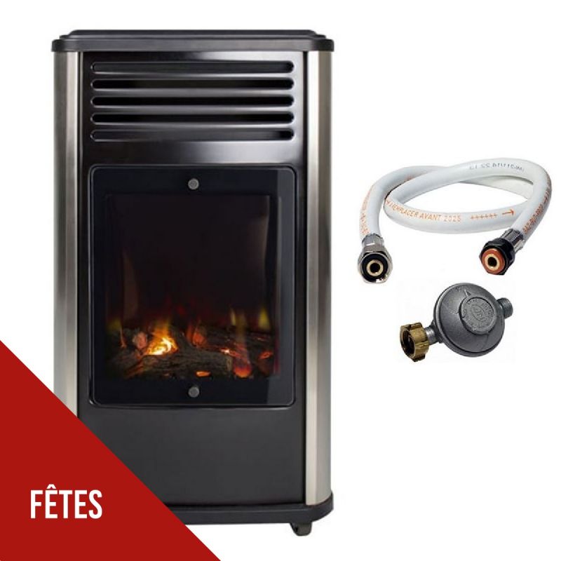 Poêle à gaz 3.4 kW Manhattan Noir Effet poêle à bois + Tuyau gaz + Détendeur butane Universal